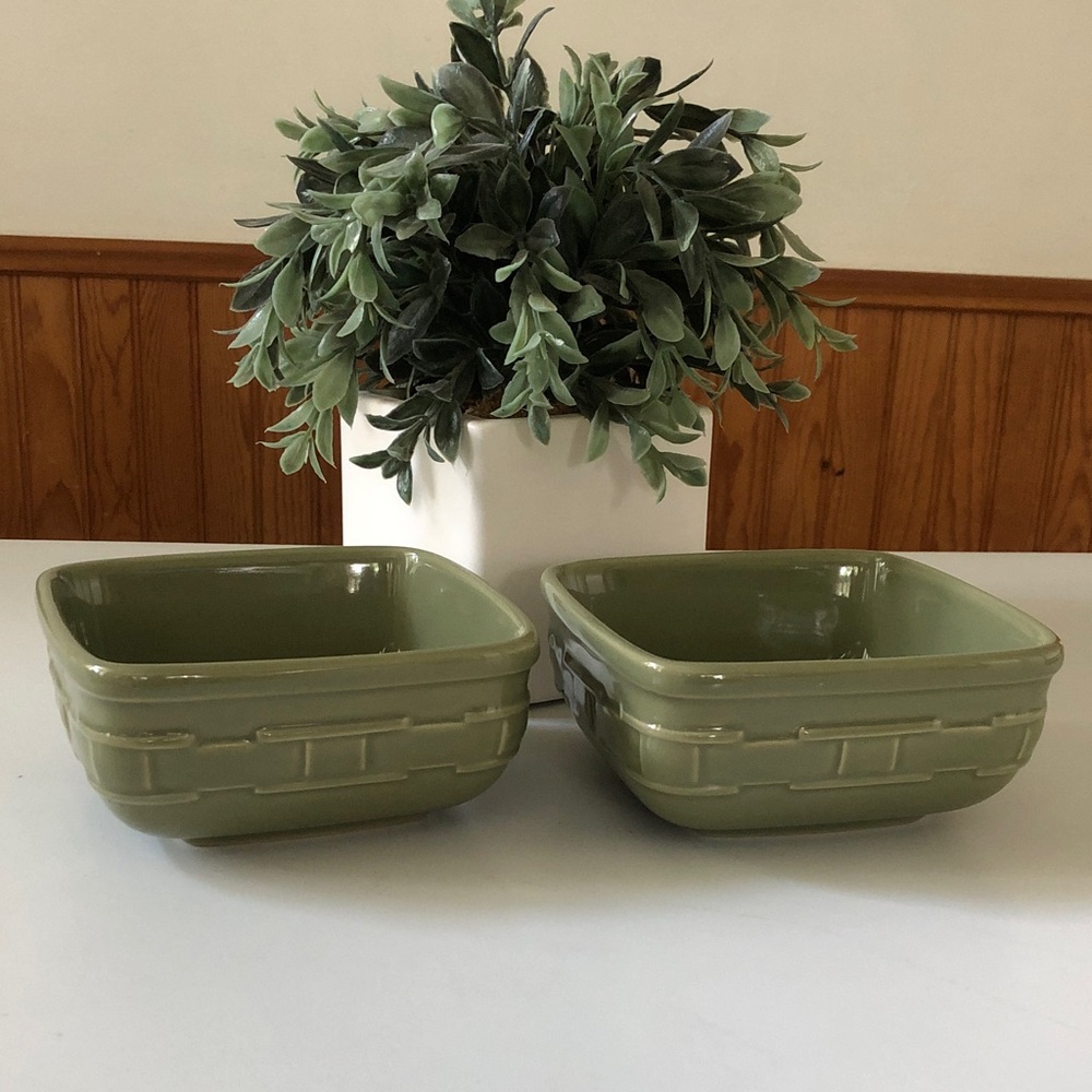 Set of 2 Longaberger Pottery square bowls classic Woven Traditions Sage Green